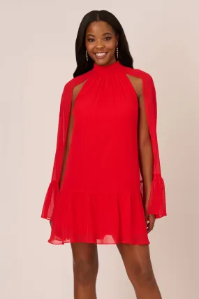 Adrianna Papell Red Chiffon Ruffle Cape Dress