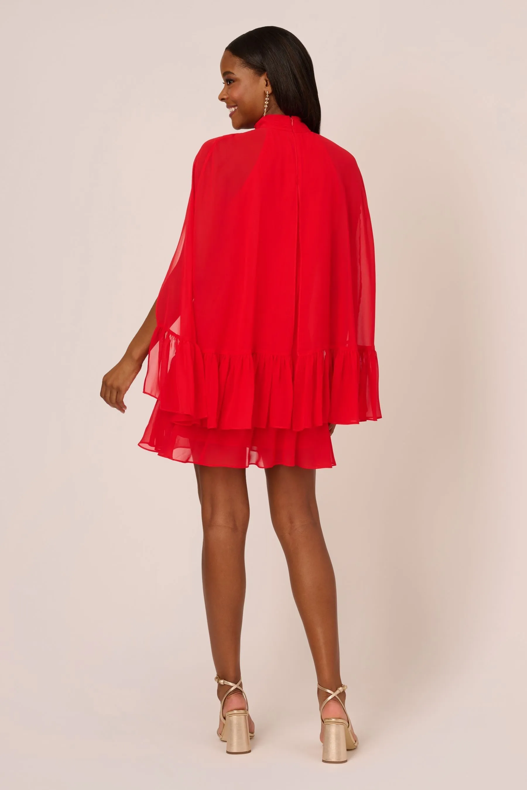 Adrianna Papell Red Chiffon Ruffle Cape Dress