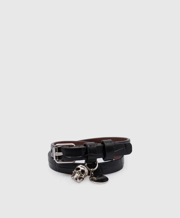 Alexander McQueen Black leather bracelet in two folds with embossed crocodile skin with branded pendants