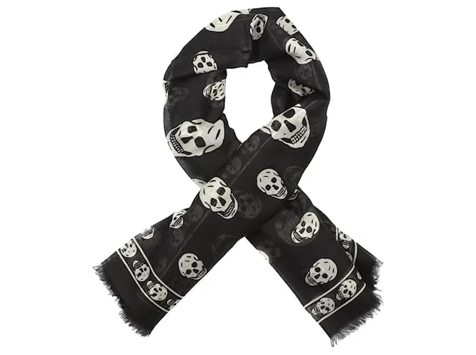 Alexander Mcqueen Bufanda de seda con estampado de calavera Negro 