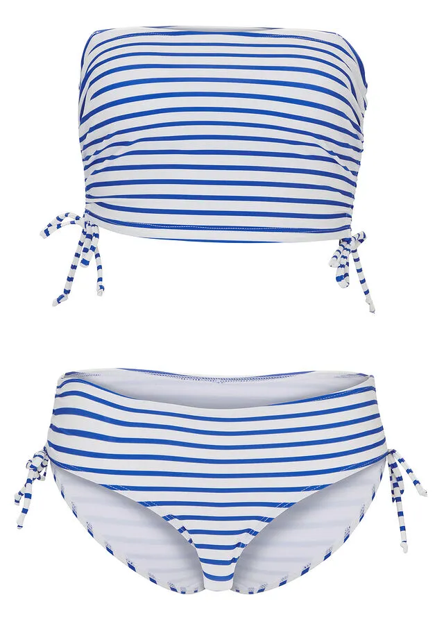 Bikini (2 piezas) de poliamida reciclada blanco/azul zafiro con rayas