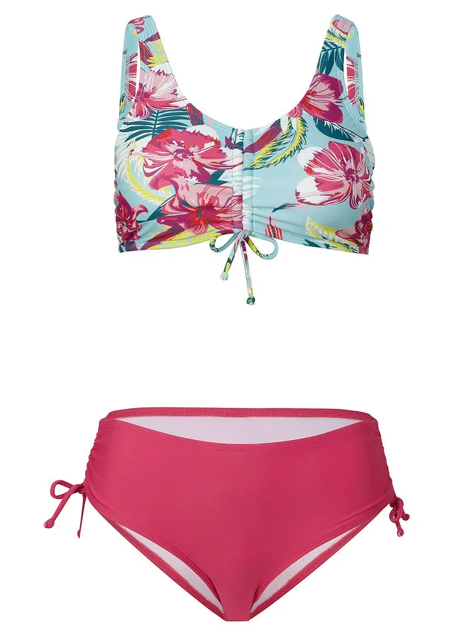 Bikini bustier (2 piezas) de poliamida reciclada Turquesa-Rosa de flores