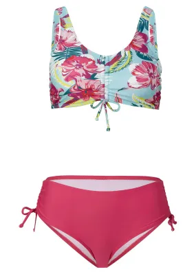 Bikini bustier (2 piezas) de poliamida reciclada Turquesa-Rosa de flores