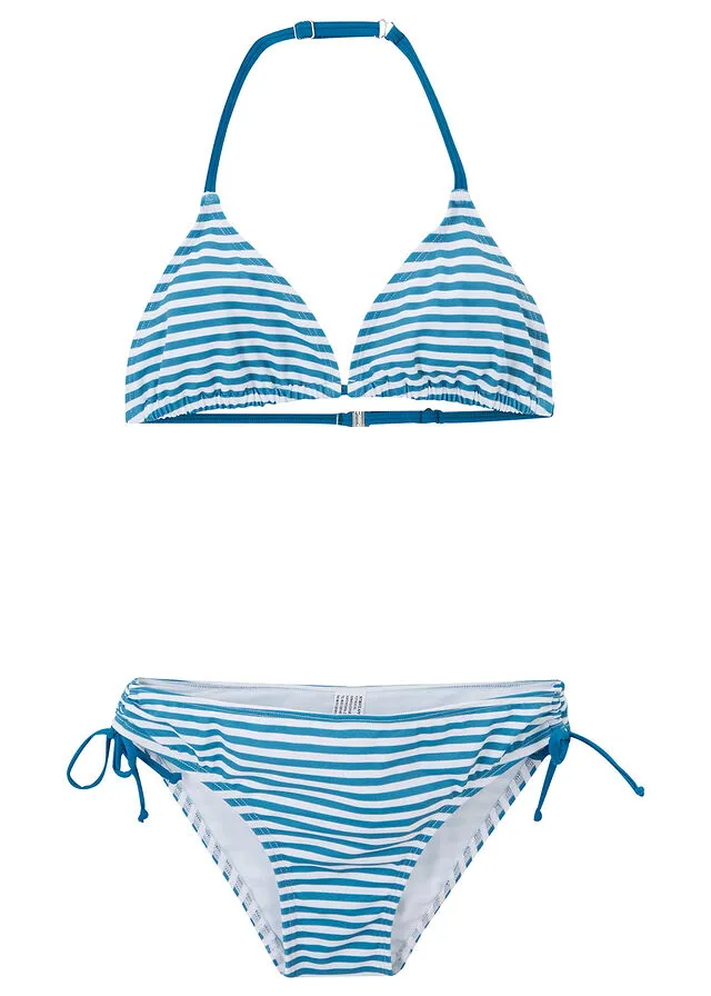 Bikini para niñas (2 piezas) de poliamida reciclada Azul petróleo-blanco de rayas