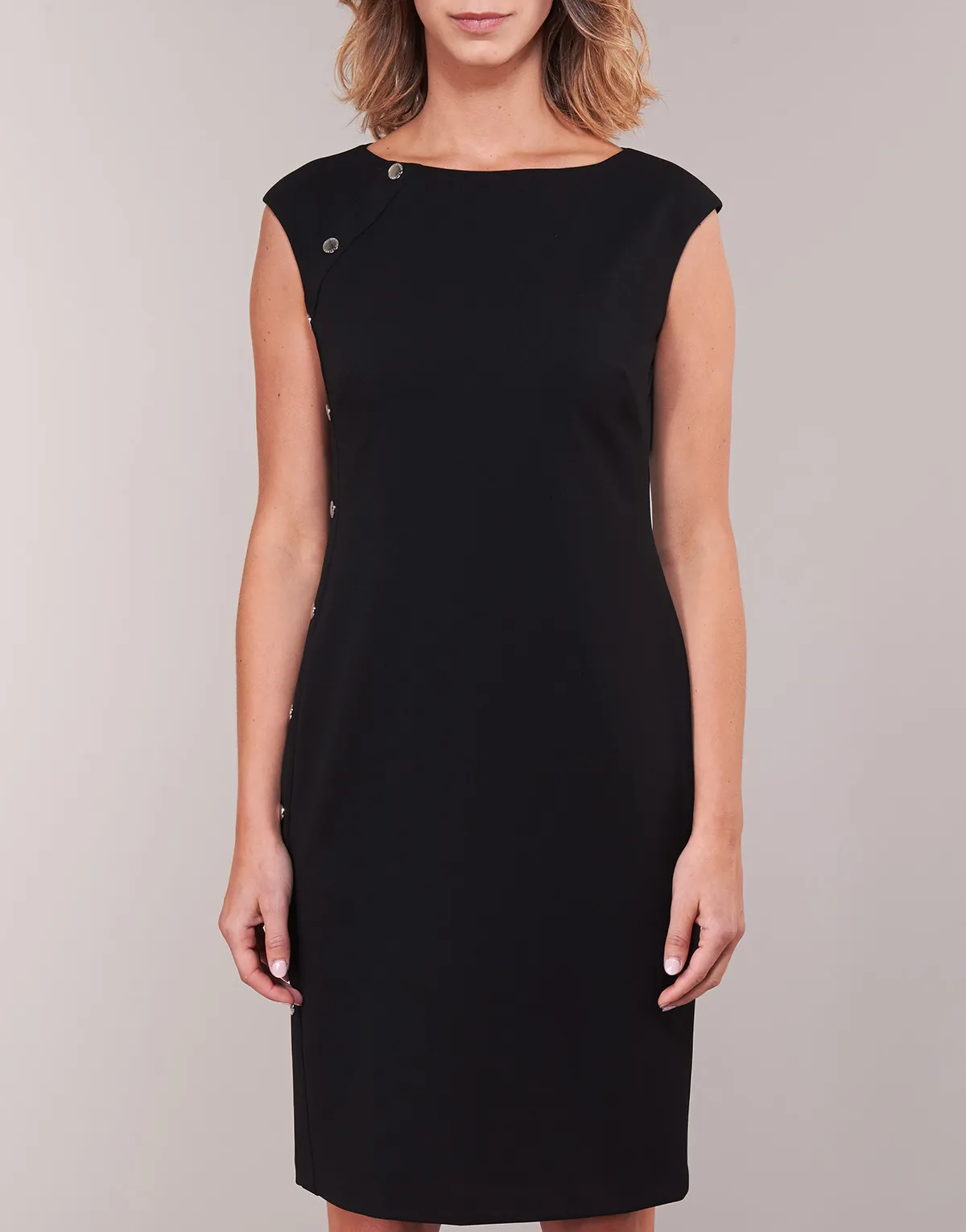 BUTTON-TRIM CREPE DRESS