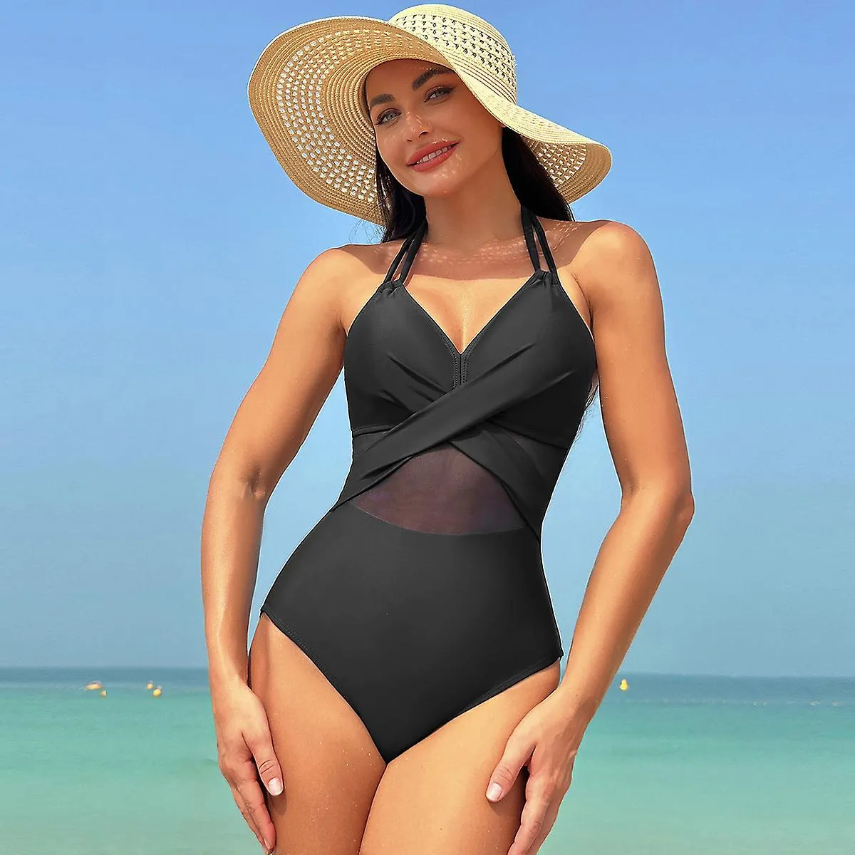 Fashion one piece swimsuit women solid color mesh bikini swimsuit swimsuit E 2XL