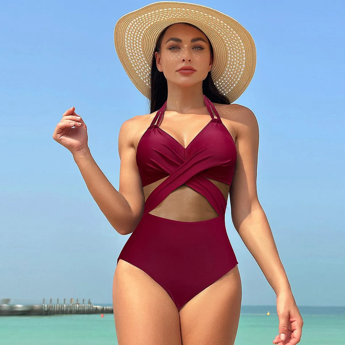 Fashion one piece swimsuit women solid color mesh bikini swimsuit swimsuit E 2XL