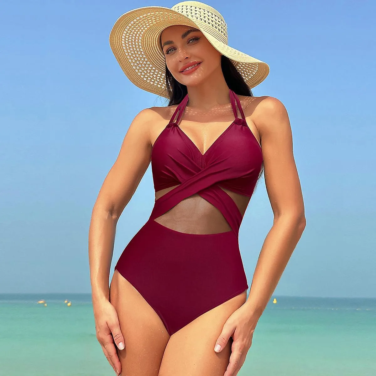 Fashion one piece swimsuit women solid color mesh bikini swimsuit swimsuit E 2XL