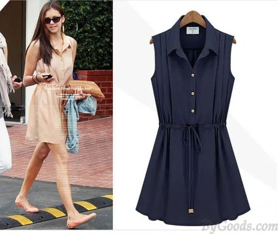 Fashion Style Navy Blue Chiffon Sleeveless Dress