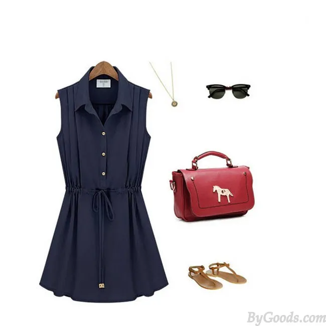 Fashion Style Navy Blue Chiffon Sleeveless Dress