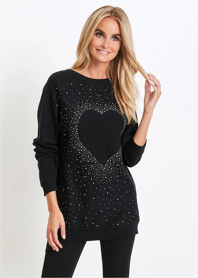 Jersey con corazón y diamantes de imitación Negro