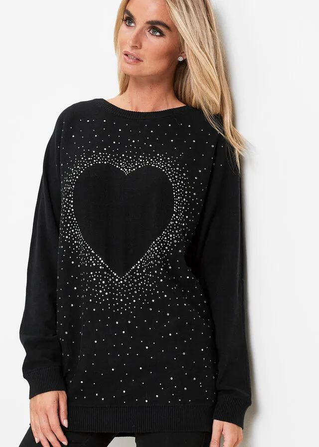 Jersey con corazón y diamantes de imitación Negro