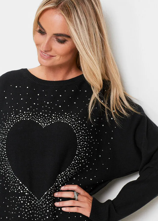 Jersey con corazón y diamantes de imitación Negro