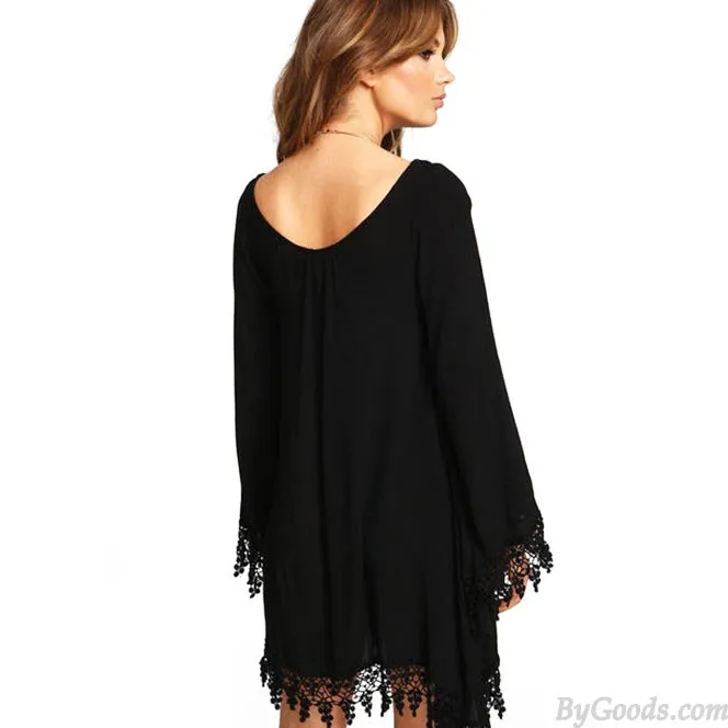 Leisure Long Sleeves Splicing Tassel Chiffon Black Loose Dress