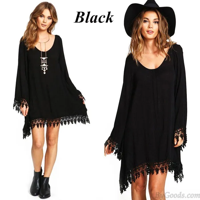 Leisure Long Sleeves Splicing Tassel Chiffon Black Loose Dress