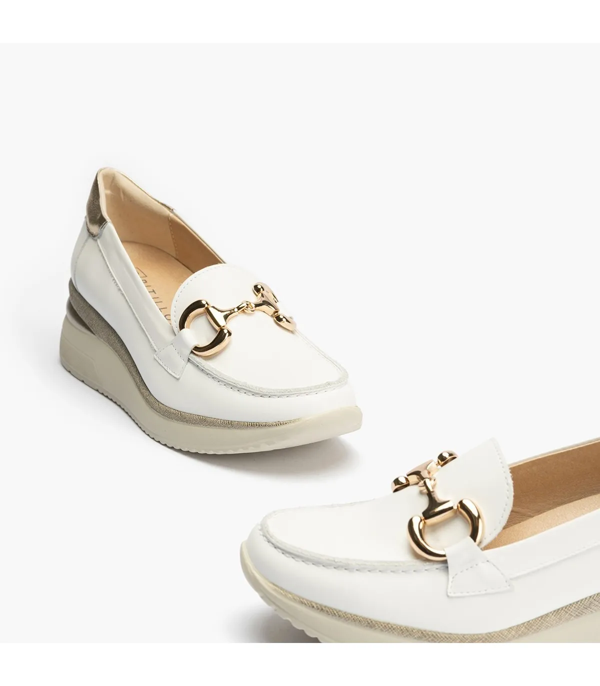 Mocasines de mujer con con adorno cadena y plataforma BLANC