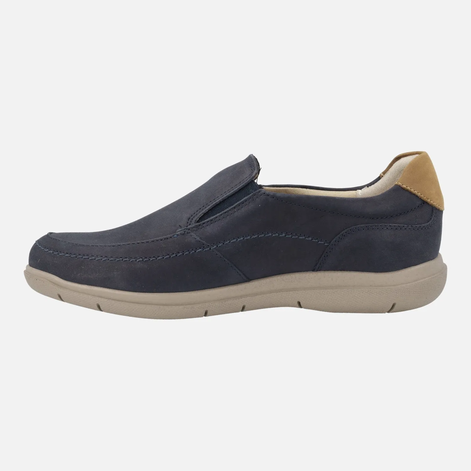 Mocasines de nobuck para hombre en azul marino con talonera camel