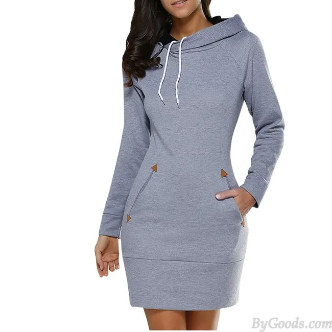 Pure Color Hooded Pullover Silm Long Sleeves Women Autumn Sweater Dress