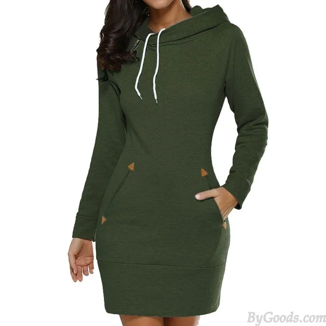 Pure Color Hooded Pullover Silm Long Sleeves Women Autumn Sweater Dress