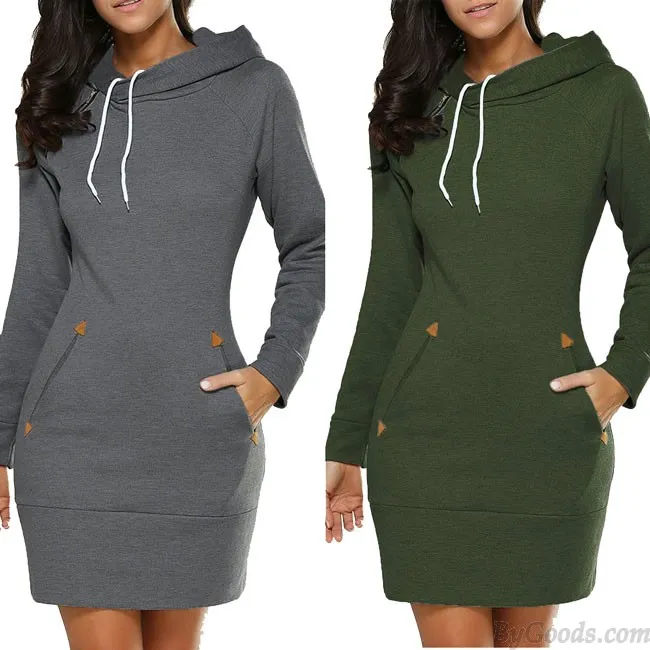 Pure Color Hooded Pullover Silm Long Sleeves Women Autumn Sweater Dress