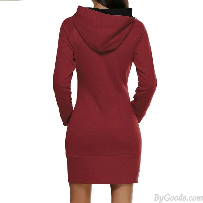 Pure Color Hooded Pullover Silm Long Sleeves Women Autumn Sweater Dress