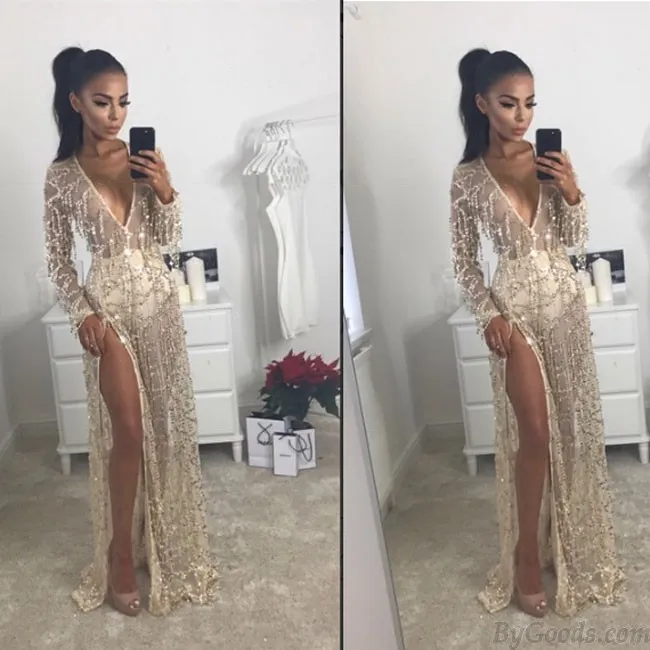 Sexy Women's V-neck Bead Tassels Beach Dress Sequin Long Prom Dress