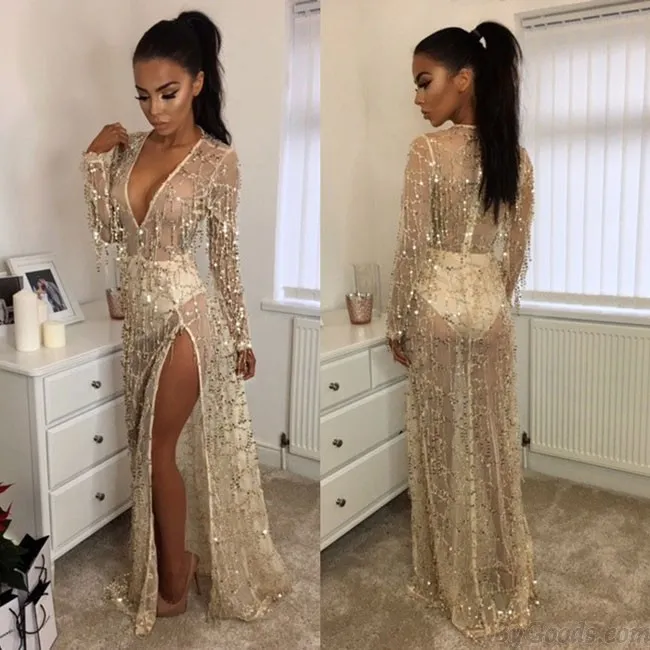 Sexy Women's V-neck Bead Tassels Beach Dress Sequin Long Prom Dress