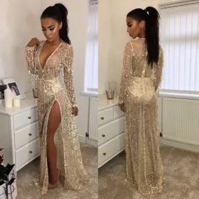 Sexy Women's V-neck Bead Tassels Beach Dress Sequin Long Prom Dress