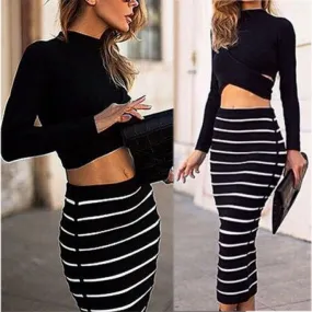 Slim Two Piece Hollow Long Sleeve Striped Dress 