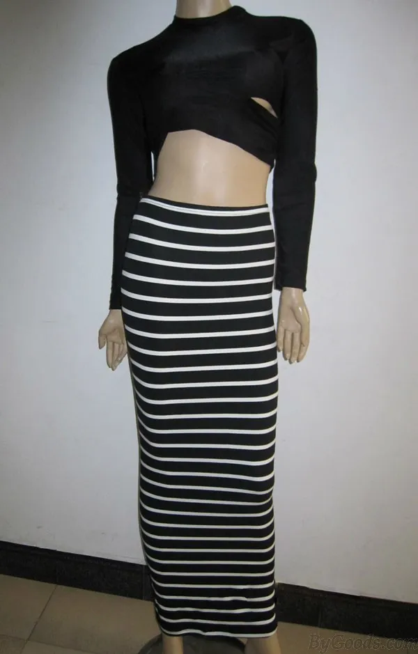 Slim Two Piece Hollow Long Sleeve Striped Dress 