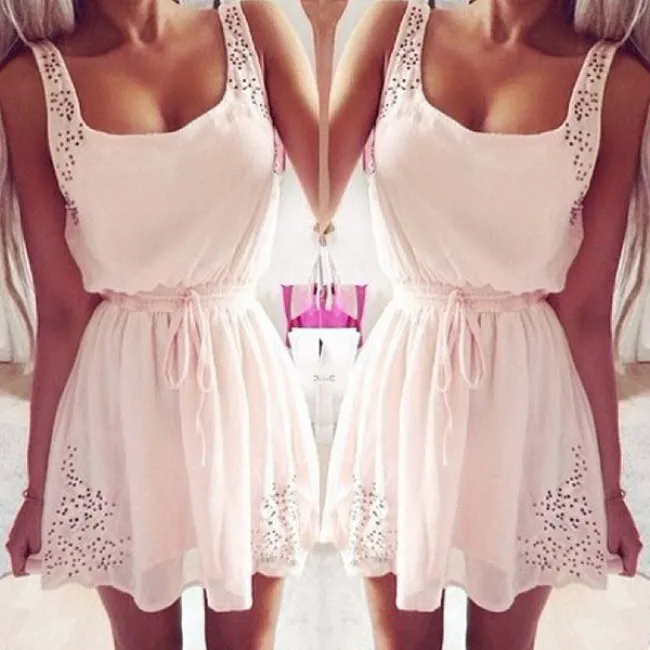 Sweet Waist String Sleeveless Chiffon Dress 