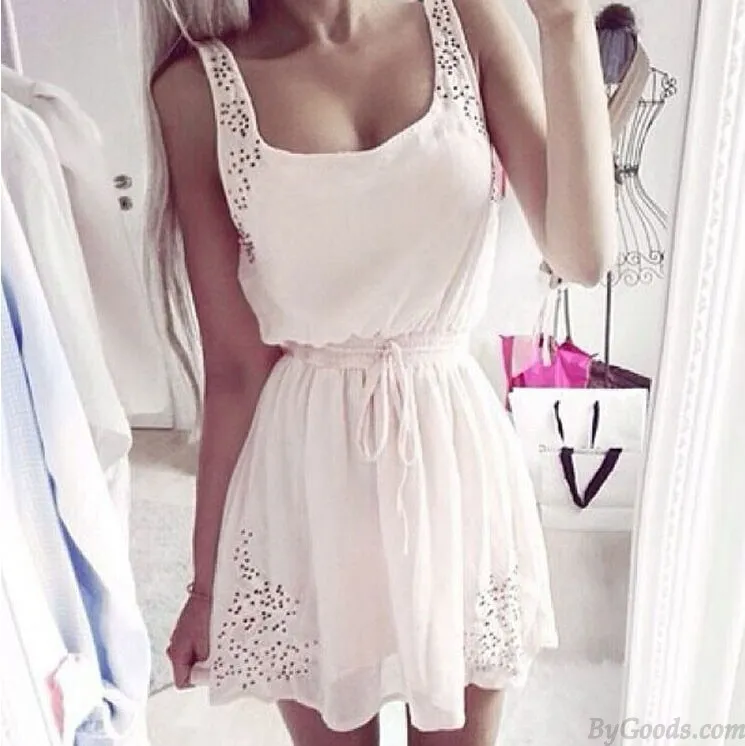 Sweet Waist String Sleeveless Chiffon Dress 