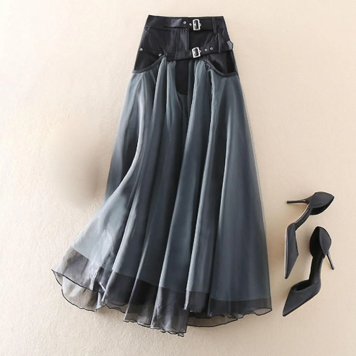 Vintage A Line Skirt Half Length Skirt Women's Yarn Skirt High Waist with Belt Faux Skirts for Women Gift for family/friend 