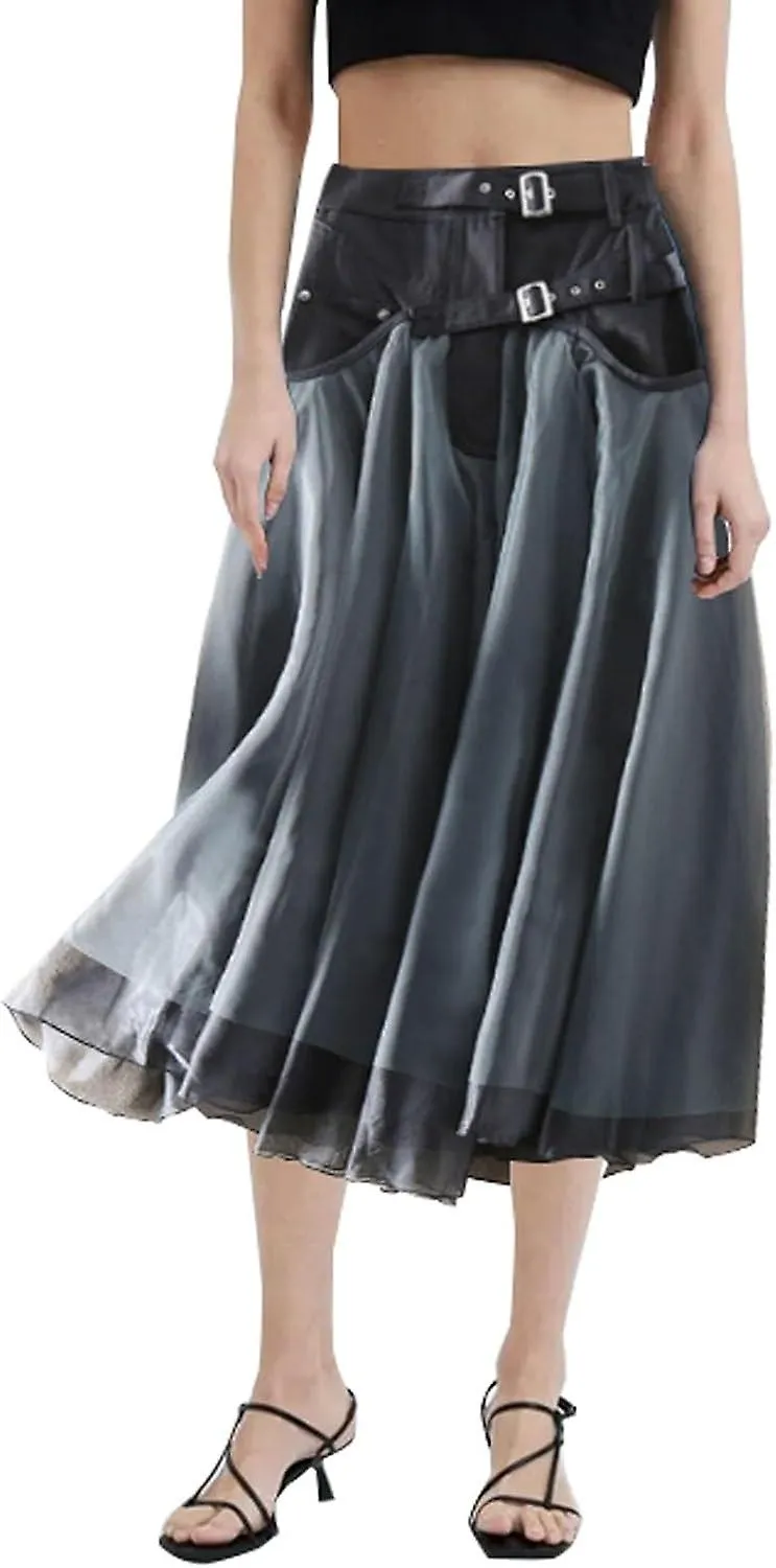 Vintage A Line Skirt Half Length Skirt Women's Yarn Skirt High Waist with Belt Faux Skirts for Women Gift for family/friend 