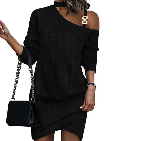 Women Fall Winter Dress One Shoulder Oblique Neck Loose Chain Decor Long Sleeve Solid Color Pullover Above Knee Length Lady Mini