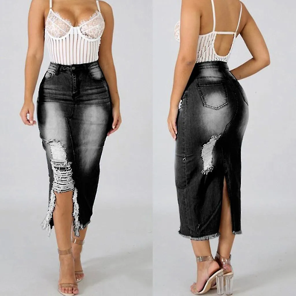 Women Fashion High Waist Ripped Destroyed Street Style Skirt