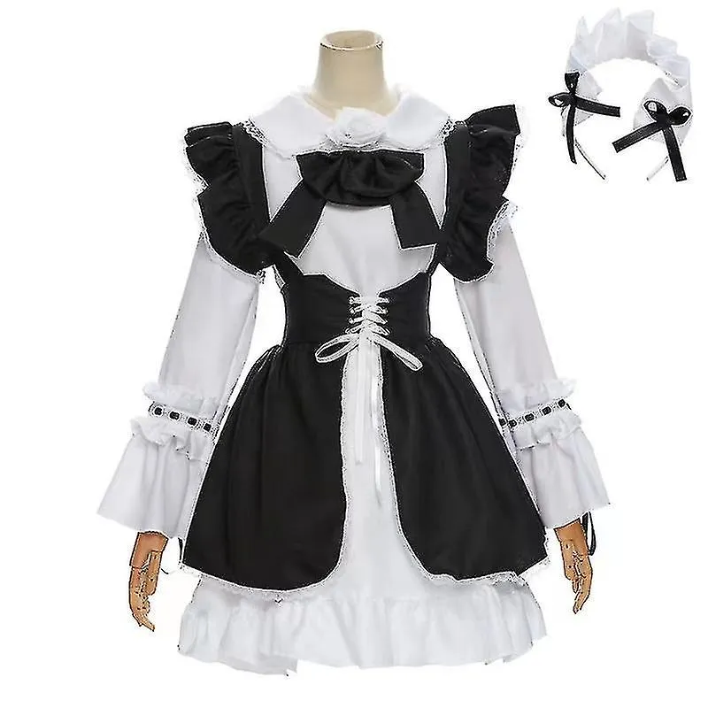 Women Maid Outfit Anime Long Dress Black And White Apron Dress  Ta Dresses Men Cafe Costume   Costume High Quality