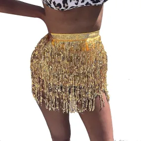 Women Sequin Belly Dancer Costume Tassel Wrap Skirt Club Mini Skirt