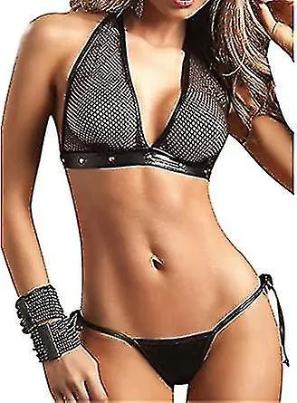 Women Sexy Mesh Lingerie Halter Top And Mini Skirt With Pant Set Black(size: One Size)