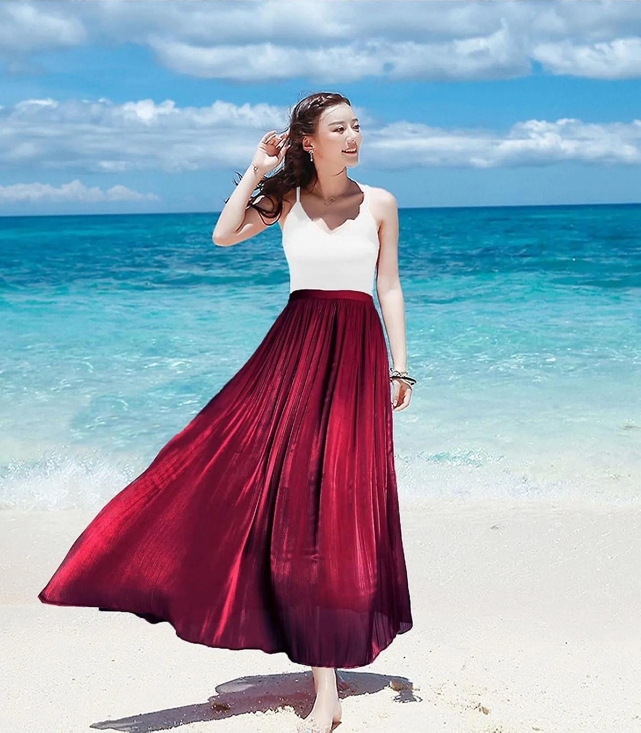 Women's Metallic Shiny Maxi Skirts Lightweight Silky Flowy Skirt for Summer Beach Holiday Gift for family/friend free delive