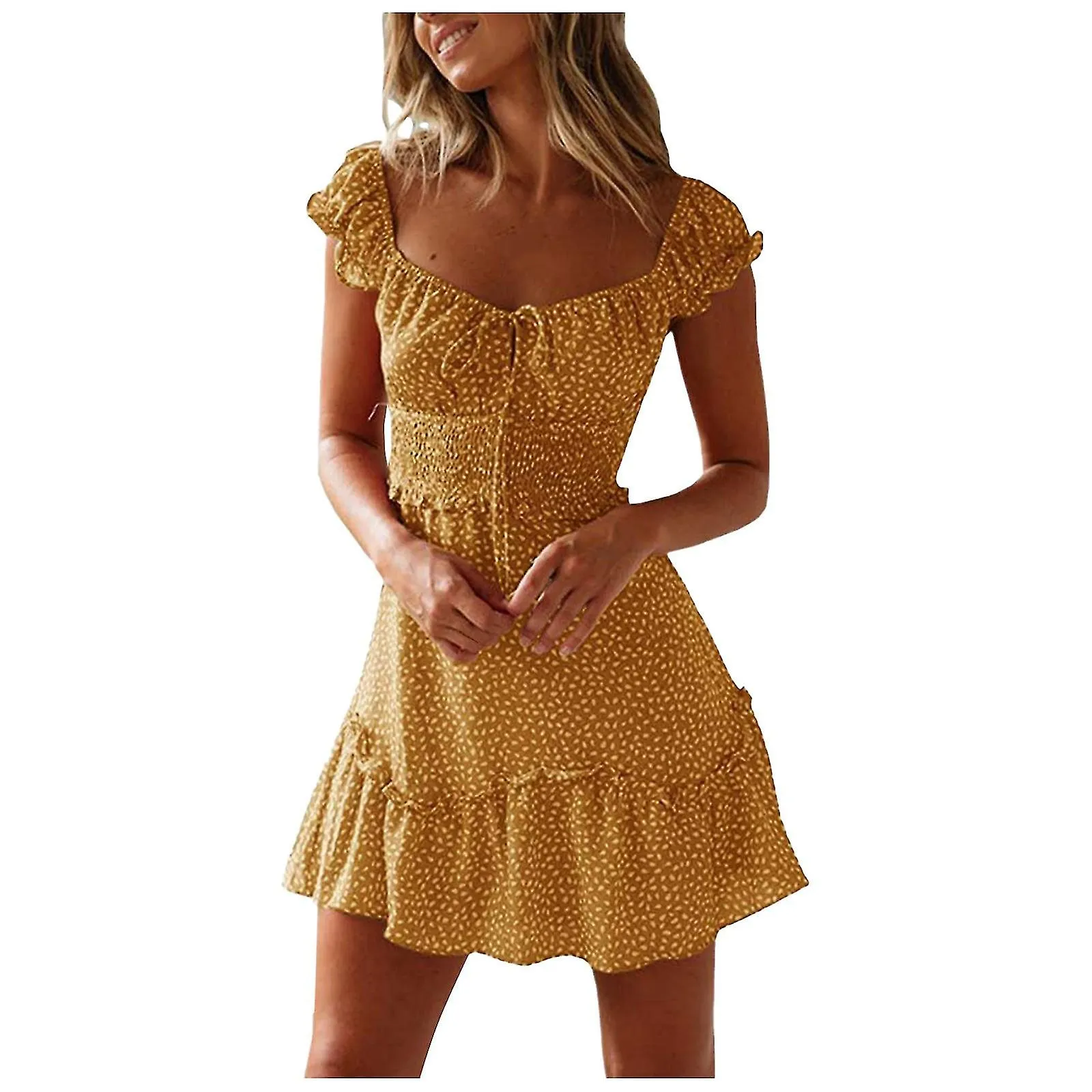 Women's Stitching Ruffled Floral Skirt Short-sleeved Lace-up High-waisted Dress