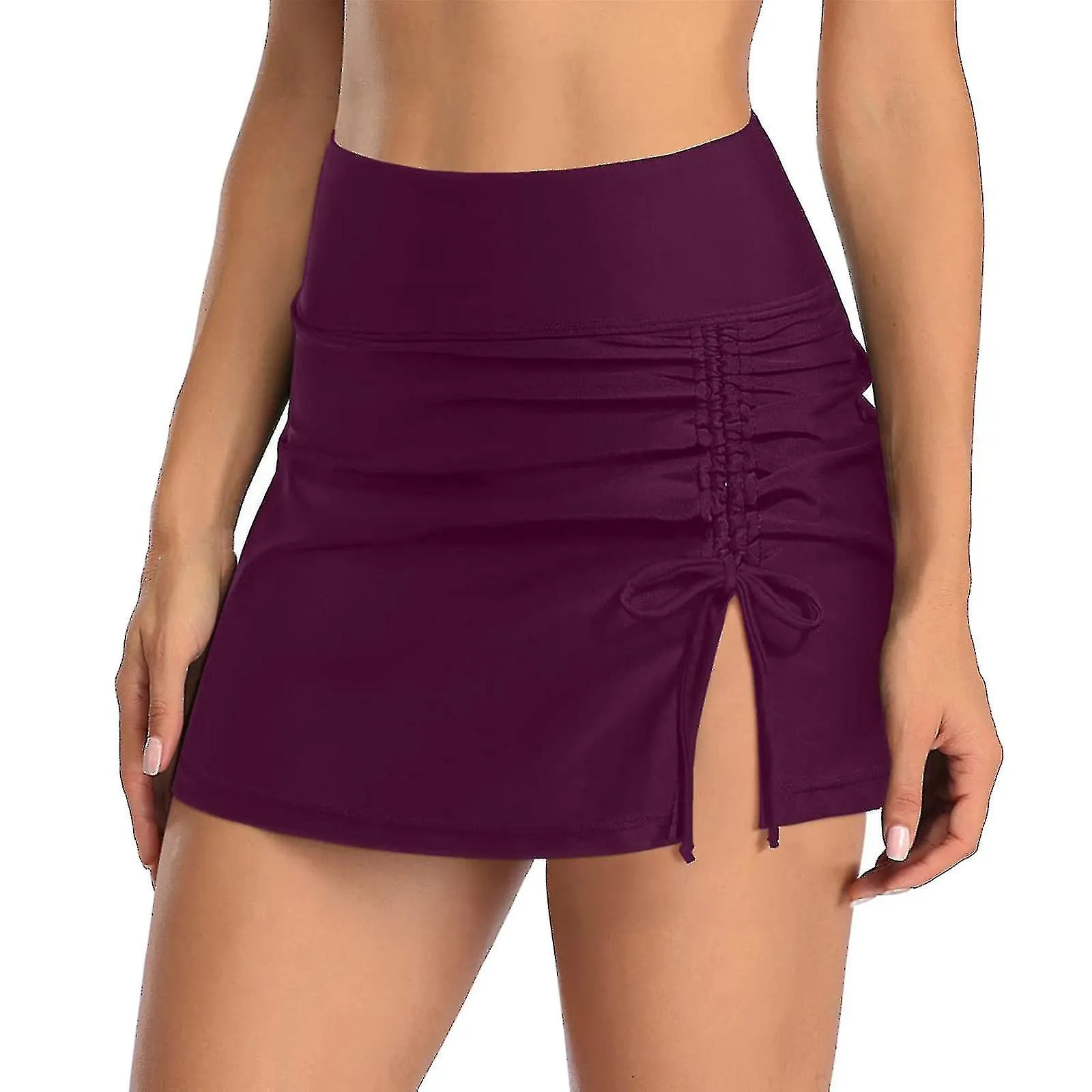 Women&#39;s Skirted Swim Bottom With Built-in Briefs High Waisted Split Sporty Drawstring Swim Skirt