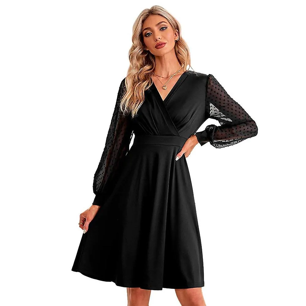 Womens Dress Long Sleeves V NeckMini Dress Swiss Dot High Waist Chiffon Casual Dress with Belt