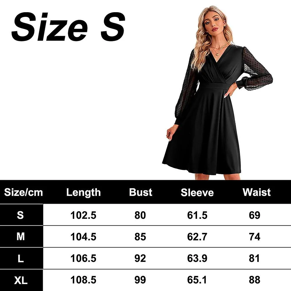 Womens Dress Long Sleeves V NeckMini Dress Swiss Dot High Waist Chiffon Casual Dress with Belt