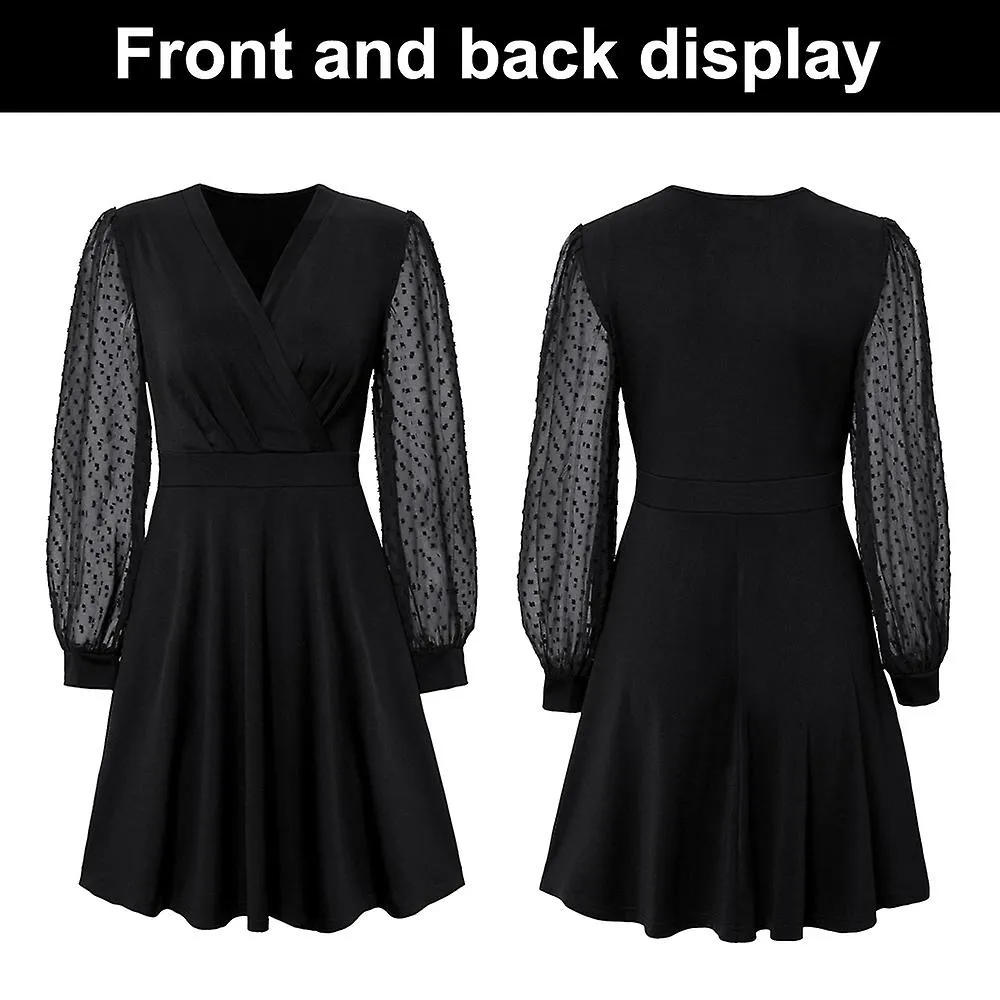 Womens Dress Long Sleeves V NeckMini Dress Swiss Dot High Waist Chiffon Casual Dress with Belt